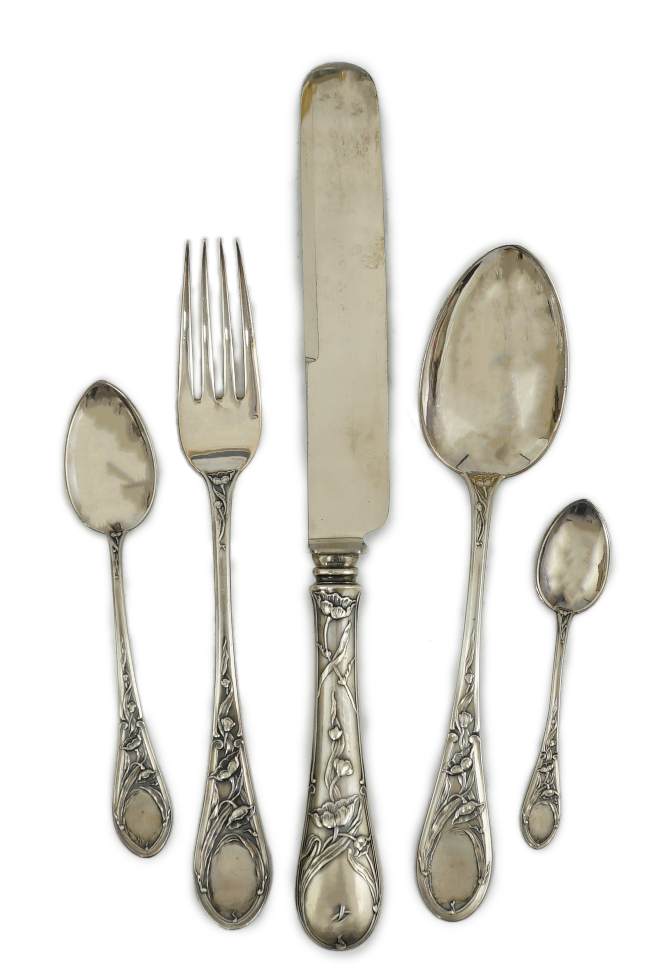An early 20th century Russian 84 zolotnik silver five piece personal cutlery set by Ivan Khlebnikov